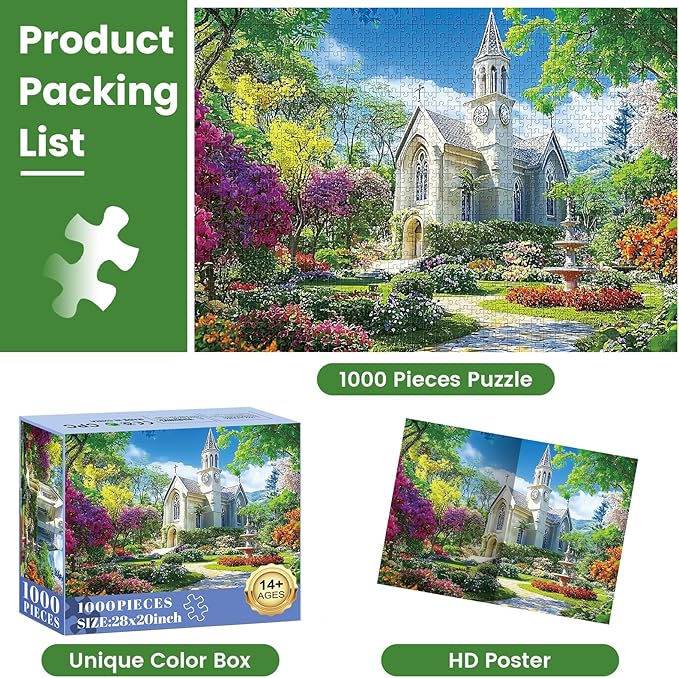 1000 Piece Puzzle for Adults,Little Chapel Puzzles,Beautiful Garden Countryside Jigsaw Puzzles 1000 Pieces,Fun Christian Puzzle for Adults Kids Seniors,Challenging Family Game Great Gift Idea,28x20 in
