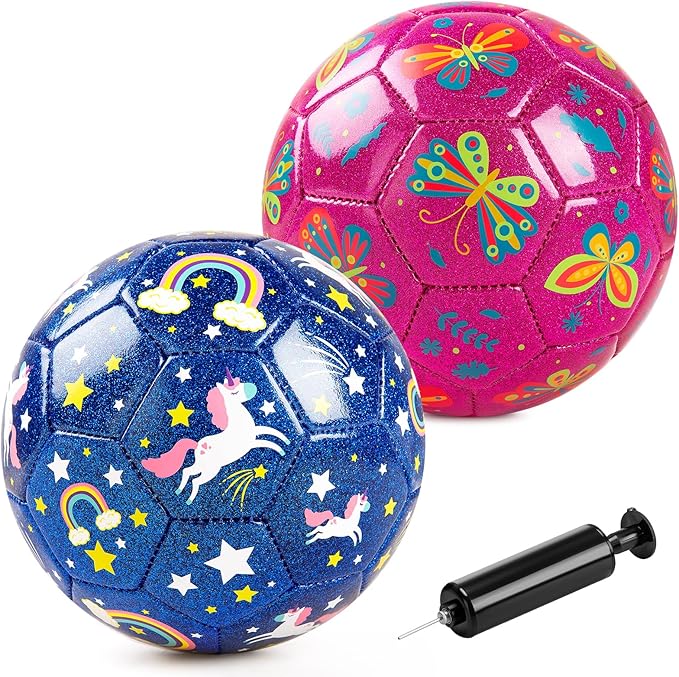 ZOOJOY Soccer Ball Size 2, 2 Pack Cartoon Ball with Pump Mesh Bag, Butterfly & Unicorn Toddler Girl Toys for 1 2 3 4 5 6 Years Old, Perfect Sensory Toys for Girls Boys Indoor Outdoor Play Balls Gifts