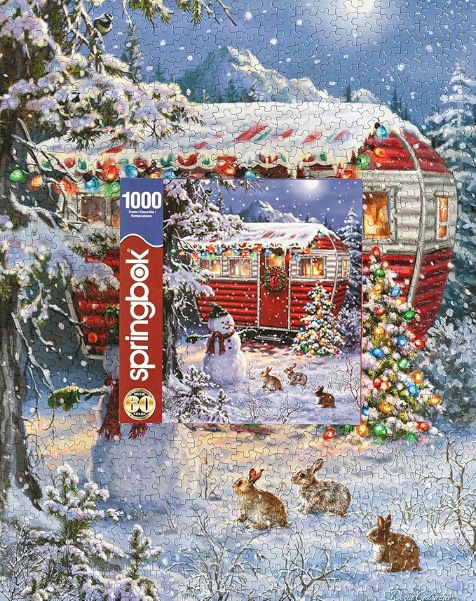 Springbok's Snowy Retreat 1000 Piece Jigsaw Puzzle is a Fun Holiday Image Featuring a Camper Glowing in Holiday Decor
