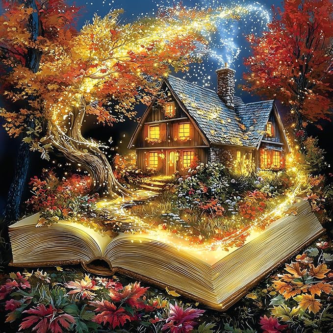 MINIWAN Magical Open Book Autumn Cottage 500 Piece Jigsaw Puzzle for Adults, Fantasy Fall Cabin Glowing Tree Jigsaw Puzzle, Large Piece Puzzle for Seniors Gift for Book & Autumn Lovers 20x20 Inches