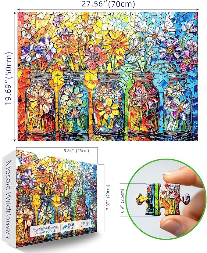 Puzzles for Adults 1000 Pieces, Stained Glass Wildflowers, Colorful Mosaic Jigsaw Puzzle 1000 Pieces, Challenging Puzzles for Adults Art Wall Decor for Family Games Gift, 27.5 x 19.7 inch
