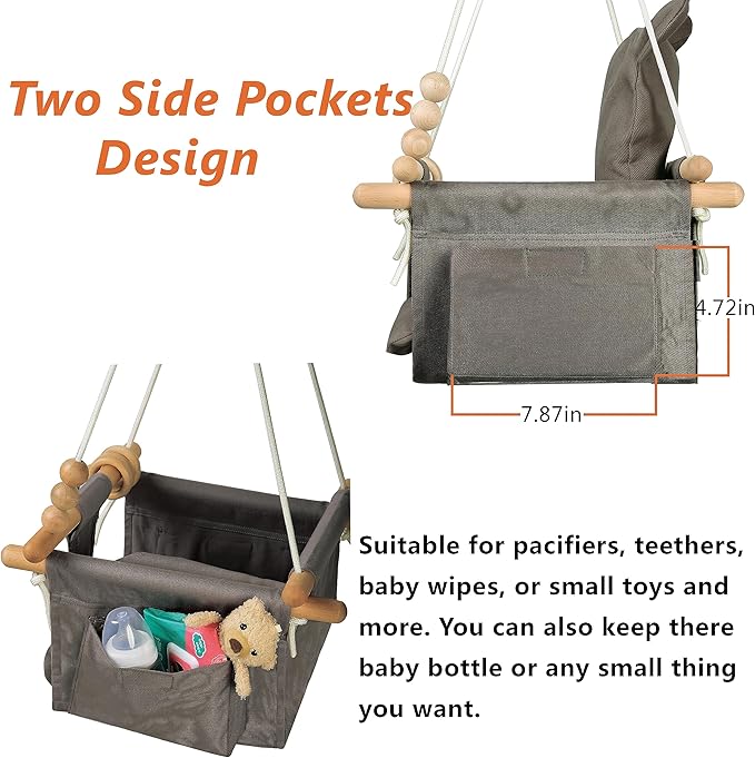 Baby Hanging Swing Seat Toy Chair Canvas Toddler Swing Seat with 2 Side Pockets for Indoor Playground Sports & Outdoor Play Toys