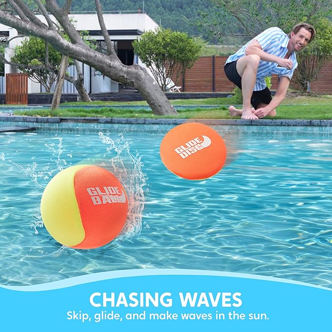 SYNCFUN 4 Pcs Skip Water Balls,Splash Water Bouncing Balls with Mesh Bag, Beach Toys for Kids, Pool Toys for Friends and Family, Fly Swimming Game Adults, Boys,Teens, Great for All Ages