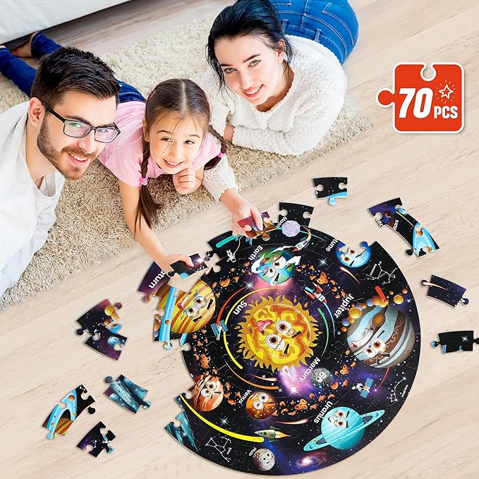 SYNARRY Solar System Floor Puzzles for Kids Ages 4-8, Large 70 Piece Jigsaw Puzzles for Kids Ages 4-6, Space Planet Astronaut Toys Puzzles, Preschool Learning Toys, Easter Basket Stuffers for Boy Girl