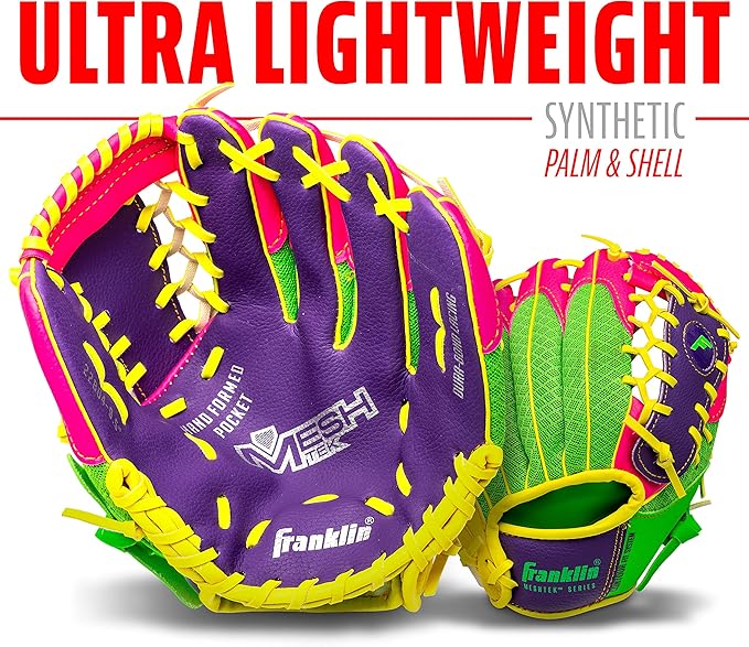 Franklin Sports Kids Baseball Glove + Foam Ball Sets - Meshtek Youth Teeball Gloves for Kids + Toddlers - Left + Right Hand Throw - 9.5" Inch