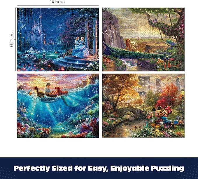 Ceaco - 4 in 1 Multipack - Thomas Kinkade - Disney Dreams Collection - Cinderella, The Lion King, Mickey and Minnie, & The Little Mermaid - (4) 500 Piece Jigsaw Puzzles , Blue