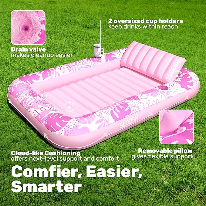 SLOOSH Inflatable Tanning Pool Lounger Float, 85" x 57" Extra Large Pool Floats Adult with Pillow, 4 in 1 Suntan Tub Raft Floatie,Sunbathing Bed Lounge for Water Blow Up Ball Pit, XL-Blushing Pink