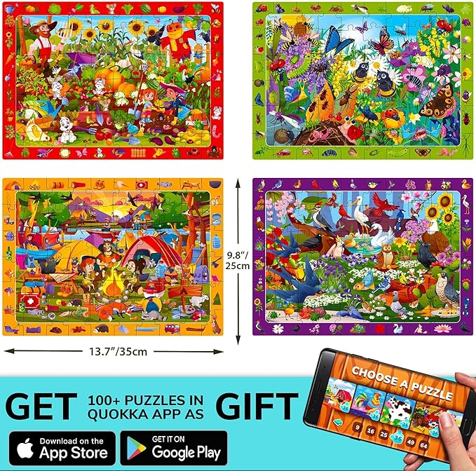 QUOKKA Puzzles for Kids Ages 6-8 - Toddler Puzzles Ages 4-6 - 4-Pack 60 Piece Search and Find Animals and Bugs Jigsaw Puzzle 5-8 - Learning Toys for 3 Year Old Boys and Girls - Educational Games Gift