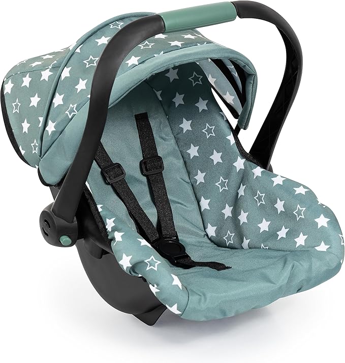 Bayer Design Reborn Baby Doll Car Seat with Sun Shade Canopy - Grey-Green Stars, Portable Doll Carseat for 18" Dolls