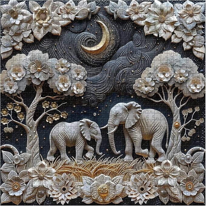 Elephants 1000 Piece Puzzle for Adults, PICKFORU Plant Floral Jigsaw Puzzles Night Sky, Hard Difficult Vintage Animals Theme as House Decor