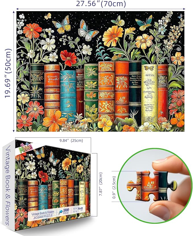 MINIWAN Vintage Flowers and Vintage Books 1000 Piece Jigsaw Puzzles for Adults, Butterfly Floral Art Puzzle, Home Decor Puzzle Gift for Book Lovers 27.5x19.7 Inch