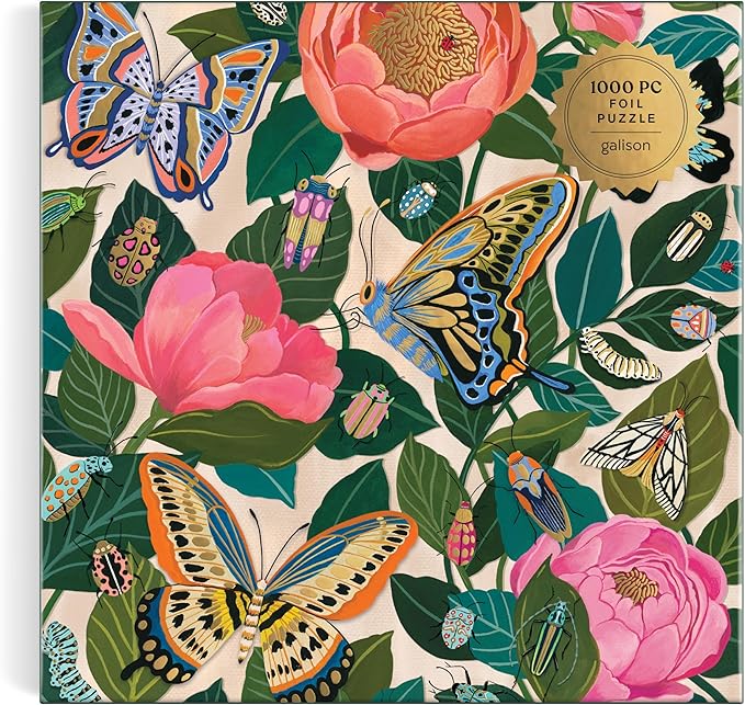 Galison Between The Blooms – 1000 Piece Foil Jigsaw Puzzle Featuring Beautiful Artwork of Butterflies Nestled in Blooming Flowers