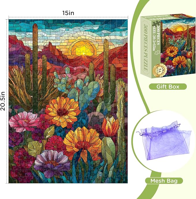 500 Piece Puzzles for Adults, Cactus Puzzles 500 Pieces, Stained Glass Puzzle Including Mosaic Art Cactus, Colorful Succulent Puzzles for Plant Lovers, Challenging Game Home Decor, 20.5 x 15 in