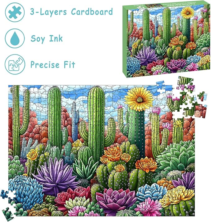 Puzzles for Adults 500 Pieces, Stained Glass Jigsaw Puzzles 500 Pieces - Cactus Garden, Cactus Wall Art Puzzle for Families, Finished Size 20.47 * 14.96”, with 1:1 Poster, Letter on the Back