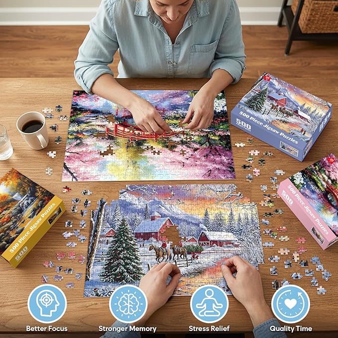 3 Pack 500 Pieces Puzzles for Adults, Spring Autumn Winter Puzzle for Adults Elderly, Colorful 4 Seasons Jigsaw Puzzle, Recycled Paper Puzzle 500 Pieces, Family Activity Game Nights Gifts 20.5x15 in