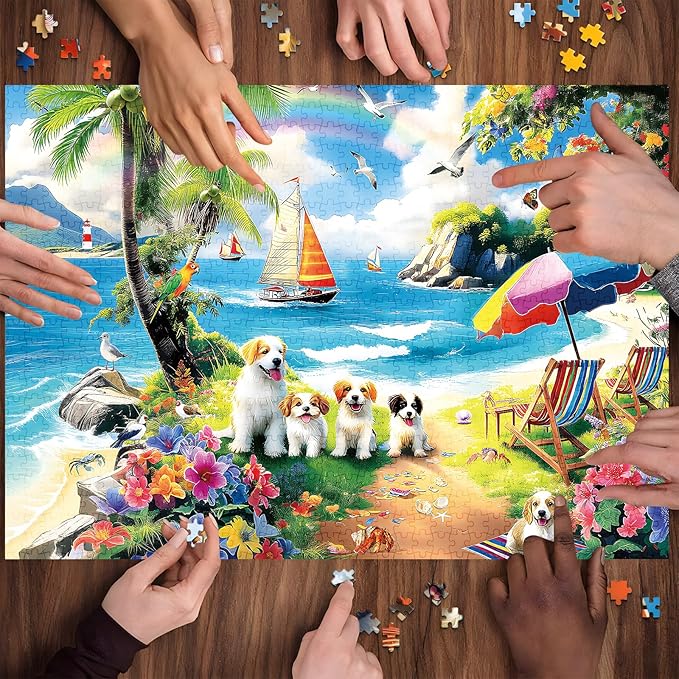 300 Piece Puzzles for Adults, 300 Piece Puzzles for Adults Large Piece, Beach Dogs Flowers Rainbow Jigsaw Puzzle, Challenging Puzzle Perfect for Game Nights, 20.5 X 15 in