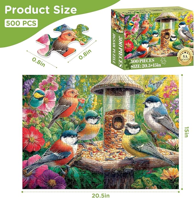 500 Piece Puzzle for Adults, Colorful Birds Jigsaw Puzzle, Hummingbird Feed Flower Jigsaw Puzzle 500 Pieces, Recycled Cardboard Animals Puzzles, Challenging Game Gift for Adults Seniors, 20.5 x 15 in