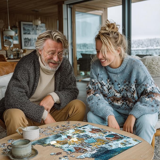 Christmas Puzzles for Adults 1000 Pieces, Winter Norway Iceland Block Town, 3D Nature Landscape 1000 Piece Puzzle for Adults Seniors, Jigsaw Puzzles with Letters on Back, fun Gifts, 1:1 Poster