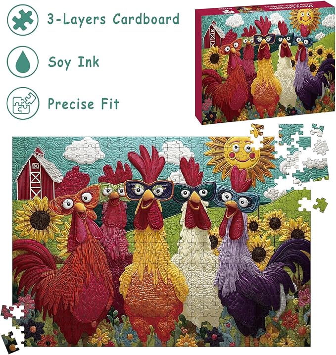 Puzzles for Adults 500 Pieces, Colorful Rooster Puzzle Jigsaw Puzzles 500 Pieces - Merry Chickens, Chicken Decor Impossible Puzzle, Finished Size 20.47 * 14.96”, with 1:1 Poster, Letter on The Back