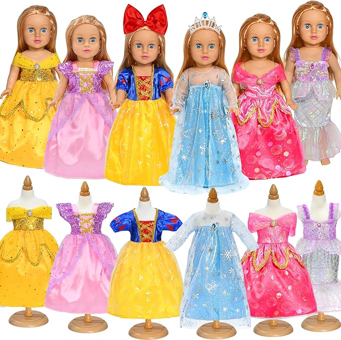 8 pcs American Doll Clothes Set for 18 inch Dolls, Doll Clothing Outfits Include 6 Different Princess Dresses, Crown, Hair Bow, Christmas Birthday Gift for Girls