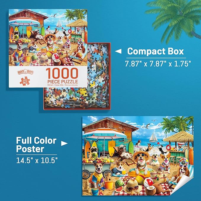 BenBen Puzzles for Adults 1000 Pieces, Dogs on Vacation, Funny Dog Jigsaw Puzzles with Patterns on Back, Challenging Puzzles for Family Game Night Home Décor