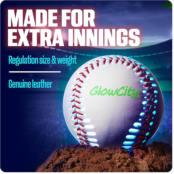 GlowCity Premium Leather LED Rechargeable Light-Up Baseball - Illuminate the Game - Nighttime Fun and Play - Sports Stuff & Gadgets for Kids Age 8 Years Old and Up - Catch Only
