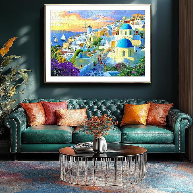 1000 Piece Adult Jigsaw Puzzle Santorini Greece Sunset Beautiful Blue Domed Churches Aegean Sea Village Landscape Puzzle with Letters on Back for Adults Seniors Game Night