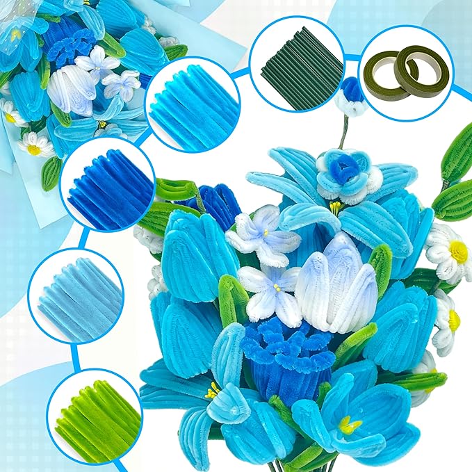 LINAYE 500 PCS Pipe Cleaners Craft, 6 Colors Pipe Cleaners Flowers Kit, Chenille Stems for Crafts with Instruction Wrapping Paper, Flower Stamens, Stems Art and Craft Supplies Blue