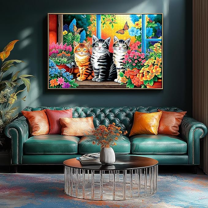 MINIWAN 500 Piece Puzzles for Adults - Cute Kitten Floral Window Jigsaw Puzzle, 23x15 Inches with Unique Irregular Shaped Pieces for Relaxation & Home Wall Decor
