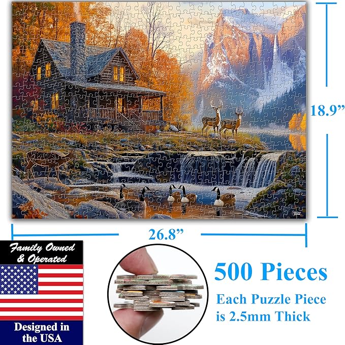 Think2Master Cabin by The Falls 500 Pieces Large Format Jigsaw Puzzle: 13+, Teens, Adults & Families. Scenic Autumn Mountain Landscape with Log Cabin, Waterfall. Great Gift. Size: 26.8” X 18.9”