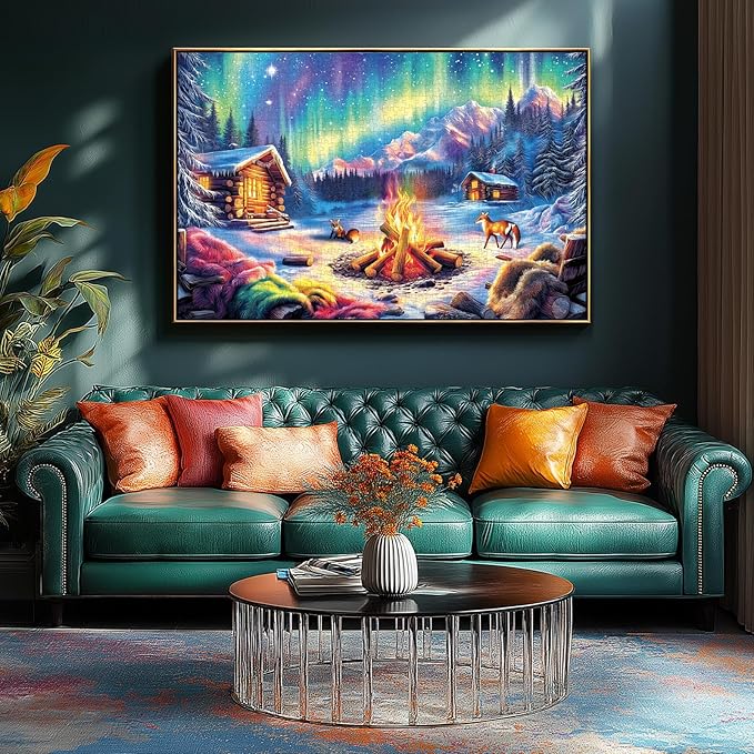 Blueforest 1000 Piece Jigsaw Puzzles for Adults, Northern Lights & Cozy Cabin Winter Bonfire - Challenging Puzzle with Aurora, Wildlife & Hygge Gift-Ready Art (27.5"x19.7")