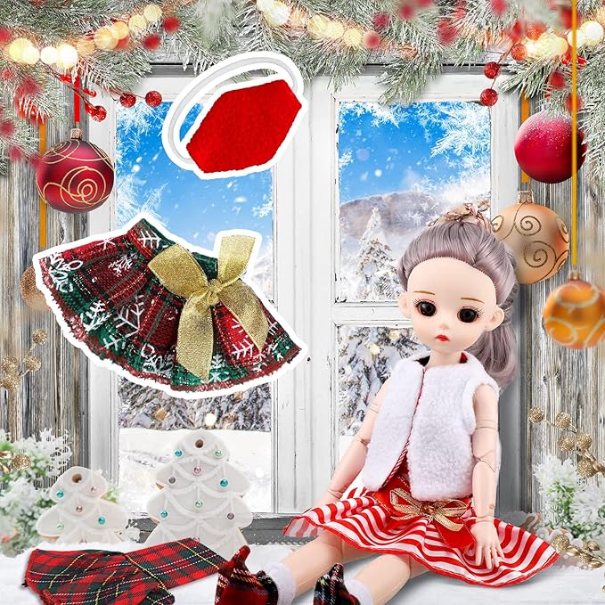 Sumind 14 Pieces Christmas Doll on Clothes Accessories Outfits Set Including Skirts, Bathrobe, Sleeping Bag, Fluffy Vest, Shirt, Scarf, Eye Cover and Boots for Xmas Doll Decor(Cute Style)