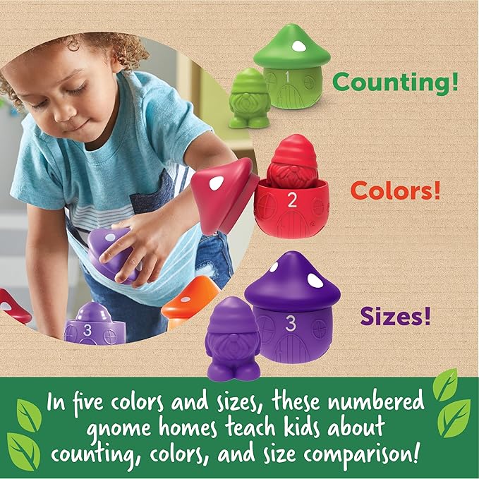Learning Resources Peekaboo Gnome Homes - Sorting Toys for Toddlers, Colors and Size Recognition, Fine Motor Skills, Montessori Preschool Counting, Educational Activities, Gifts for Boys and Girls