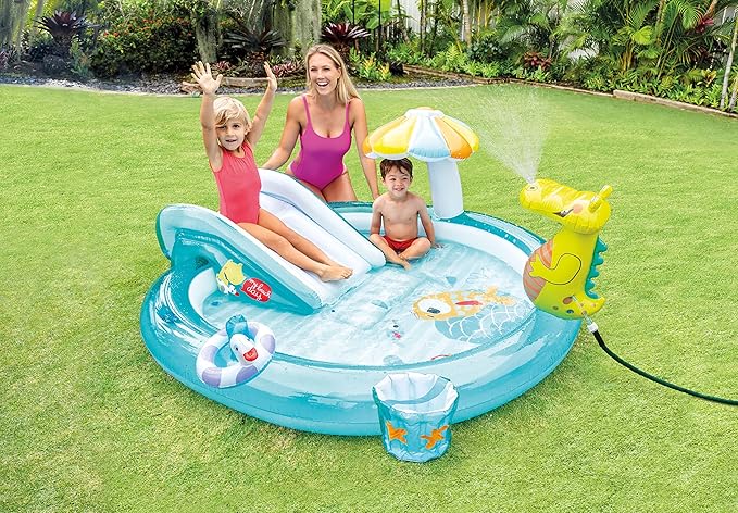 Intex Gator 6.6' x 5.6' x 4" Outdoor Inflatable Kiddie Pool Water Play Swim Center