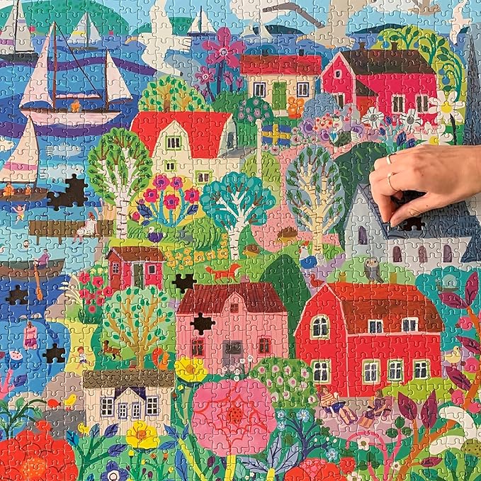eeBoo 1000 Piece Puzzle - Swedish Fishing Village Jigsaw Puzzle for Adults, Square 23" x 23" Made with Recycled Board & Vegetable-Based Ink