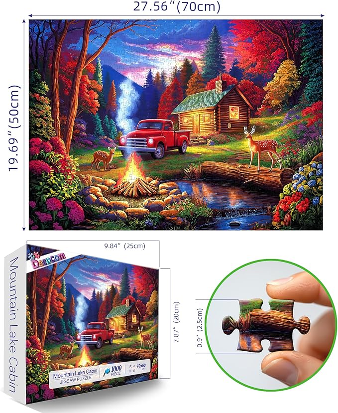 1000 Piece Jigsaw Puzzle for Adults, Rustic Camping Scene with Log Cabin, Vintage Red Truck, Deer & Campfire, Colorful Forest Dusk Landscape, Premium Quality Puzzle for Family Fun