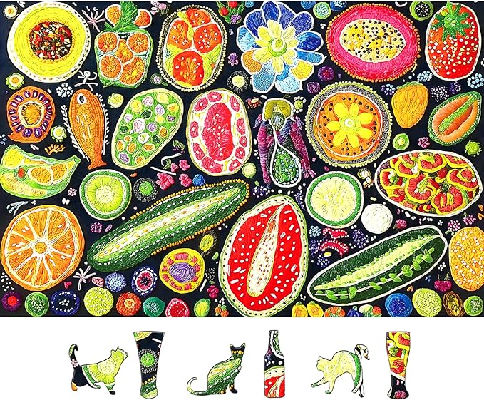 Colorful Fruits and Vegetables Jigsaw Puzzles 500 Pieces for Adults - Vibrant Whimsical Food Collage Art Puzzle with with Letters on Back 500 Piece Challenging Puzzle for Seniors(23''X15'')