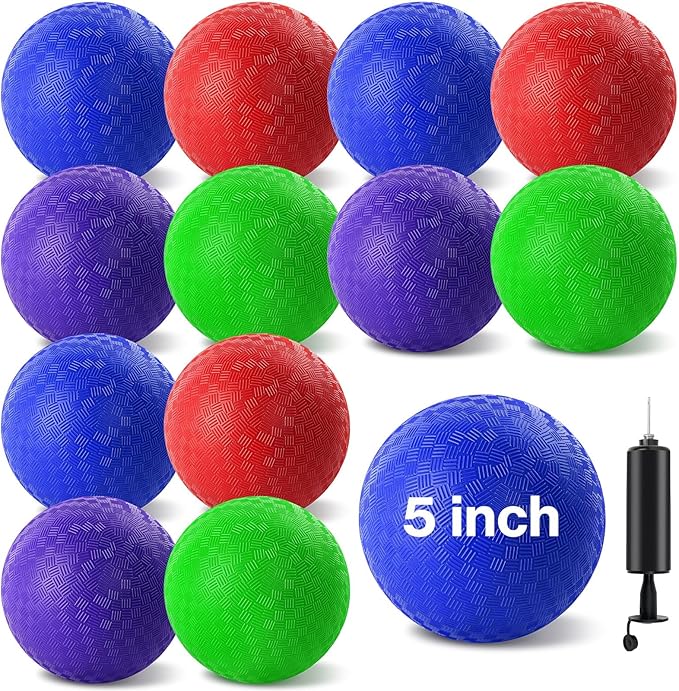 12 Pcs Dodgeballs 5 Inch Kickball Playground Ball 4 Colour Inflatable Rubber Handball Dodge Ball with 1 Hand Pump for Outdoors Ball Games Gym Camps Picnic (Needle is at The Top of The Pump)