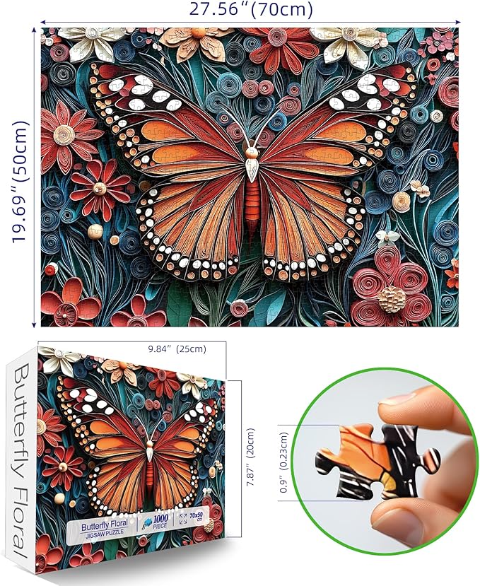 MINIWAN 3D Quilling Paper Art Monarch Butterfly 1000 Piece Puzzle for Adults, Paper Quilled Floral Monarch Jigsaw Puzzle, Gift for Butterfly & Art Lovers 27.5x19.7 Inch