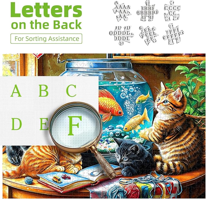 Kittens Watching Goldfish 1000 Piece Puzzle for Adults - Fish Tank Cats Jigsaw Puzzles 1000 Pieces, Unique Home Decor Art, Challenging Fun Games for Adults & Family Game Night Gift