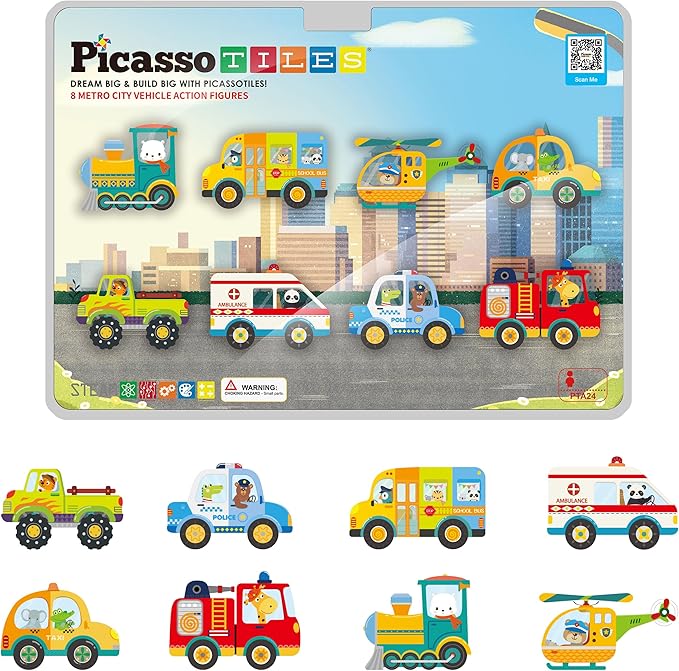 PicassoTiles 8pc Metro City Vehicle Magnet Building Block Set with Magnetized Action Figures Compatible with Magnetic Tile Kits STEAM Educational Construction Playset for Boys Girls Age 3 Plus PTA24