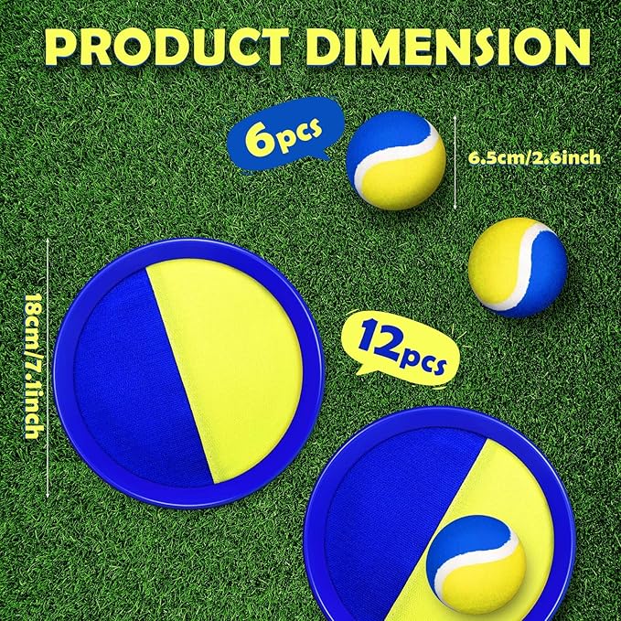 Charniol Kids Toys Toss and Catch Game Set Beach Game Outdoor Ball Sports Games Toss and Catch Ball Nylon Toys for Kids Adults(Blue Yellow,12 Paddles 6 Balls)