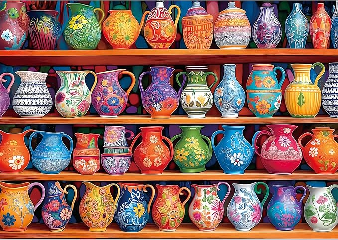 MINIWAN Vibrant Hand-Painted Floral Pottery Vases Puzzles for Adults 1000 Pieces, Colorful Painted Ceramic Jugs On Shelves Jigsaw Puzzle, Gift for Pottery & Art Lovers 27.5 x 19.7 Inches