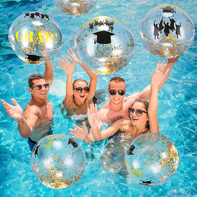 Forwe Graduation Inflatable Beach Balls, 16 Inc Confetti Glitter Beach Pool Ball Blow up Balloon Toys for Class of 2026 Swimming Pool Graduation Party Decorations
