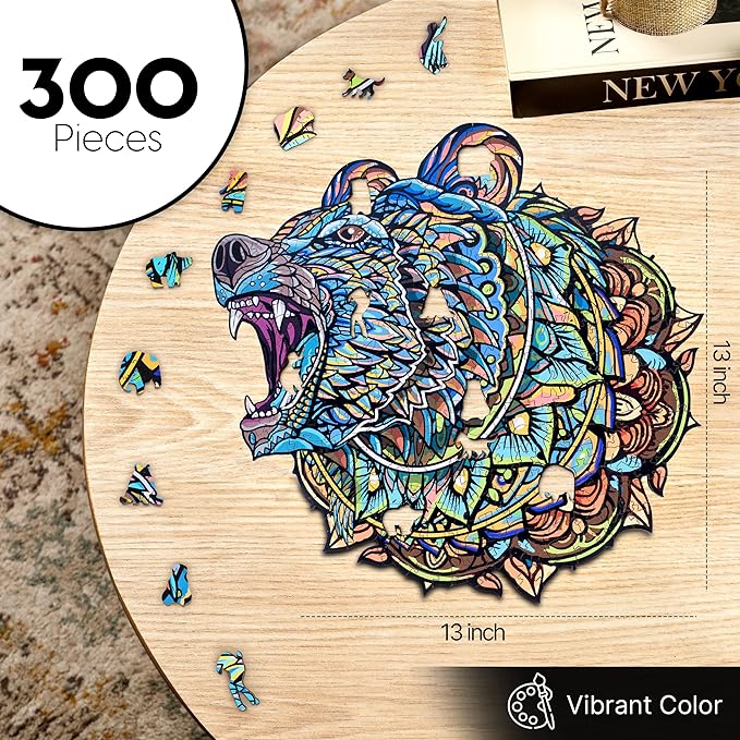 ESTROSO Wooden Puzzles for Adults - Bear Design - 300 Piece Puzzles for Adults, Wooden Jigsaw Puzzles - 13x13 Inches - Giftable Wooden Box and Carrying Bag