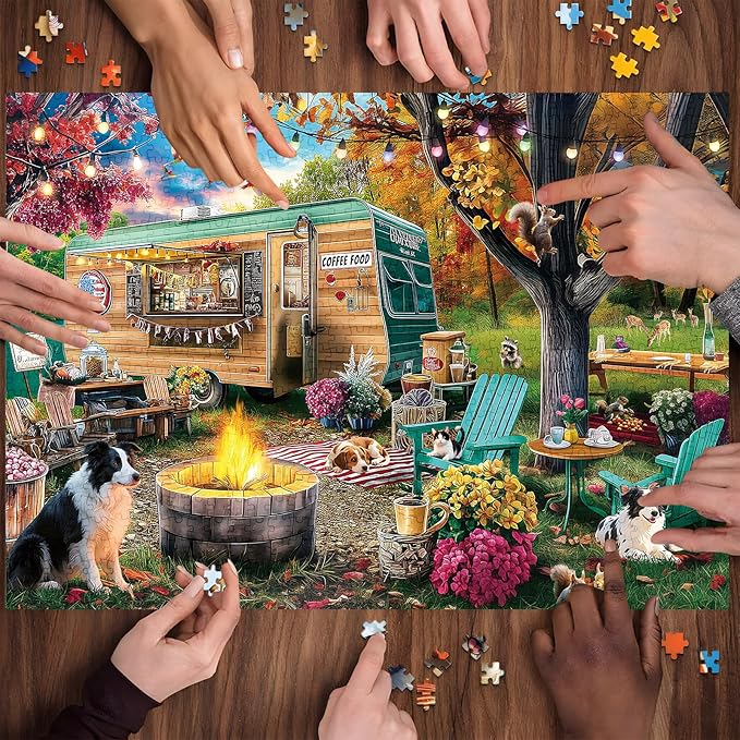 300 Piece Puzzles for Adults, 300 Piece Puzzles for Adults Large Piece, Autumn Camping Campfire Dogs Truck Jigsaw Puzzle, Challenging Puzzle Perfect for Game Nights, 20.5 X 15 in