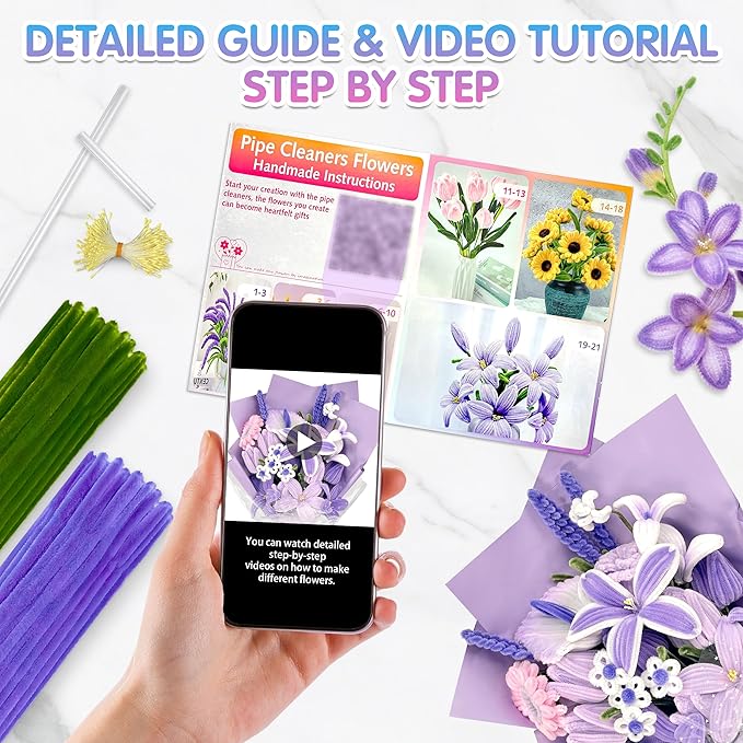 LINAYE 500 PCS Pipe Cleaners Craft, 6 Colors Pipe Cleaners Flowers Kit, Chenille Stems for Crafts with Instruction Wrapping Paper, Flower Stamens, Stems Art and Craft Supplies Purple