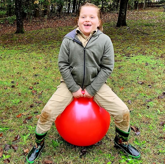 AppleRound Hippity Hoppity Jumping Ball with Pump, Bouncy Ball with Handle, 20in/50cm Diameter for Age 7-10, Kangaroo Bouncer, Space Hopper with Handle for Children, Plain Color (Red)