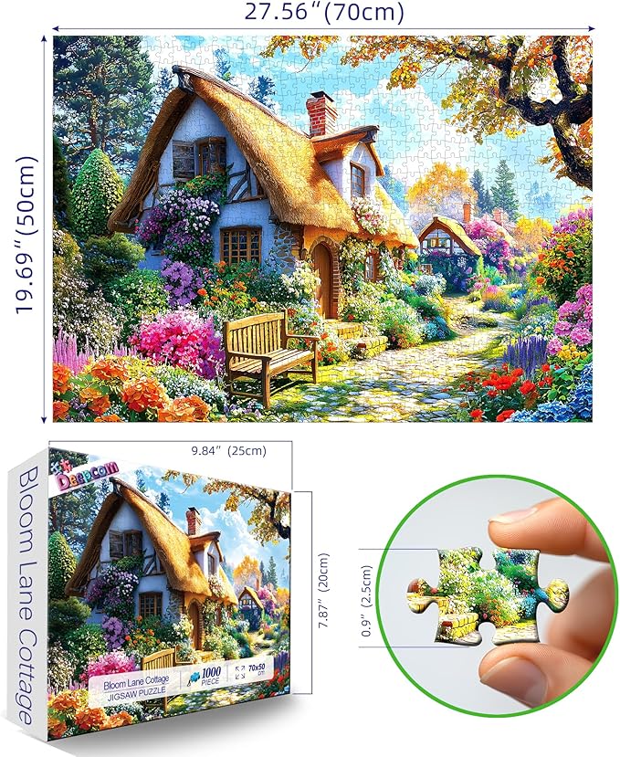 Thatched Cottage Garden Jigsaw Puzzle 1000 Pieces for Adults – Vibrant Floral Countryside Scene, Intricate Nature Art Puzzle, Stress-Relieving Relaxation Activity (27.56" x 19.69")