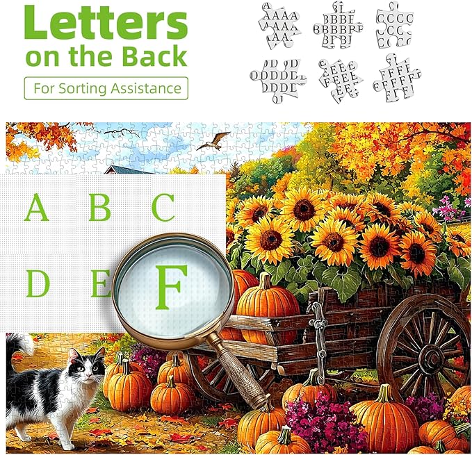 MINIWAN 500 Piece Puzzles for Adults - Autumn Farm Pumpkin Sunflower Cat Jigsaw Puzzle, 23x15 Inches with Unique Irregular Shaped Pieces for Relaxation & Home Wall Decor